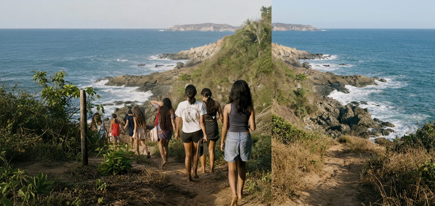 Jóvenes caminando por un sendero junto al mar en la costa de Oaxaca