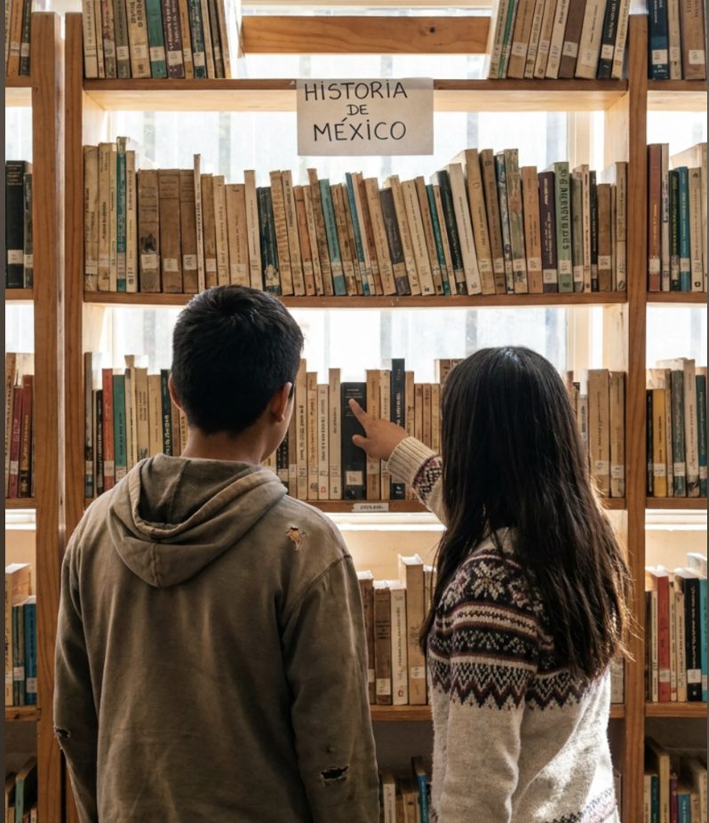 Dos jóvenes frente a una estantería de libros de historia de México