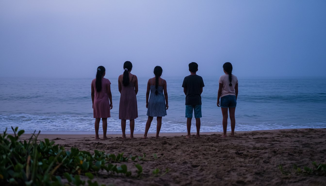 Cinco jóvenes frente al mar al atardecer