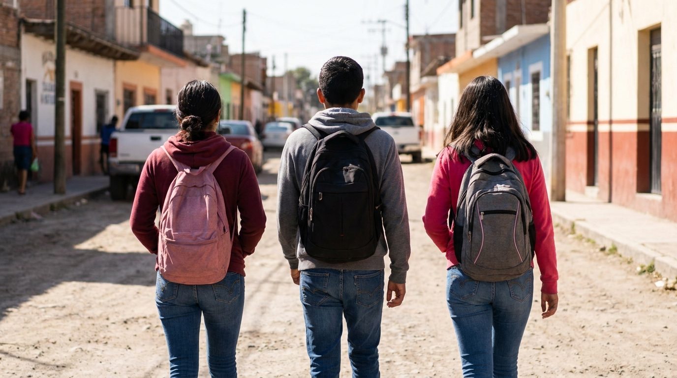 Tres estudiantes con mochilas caminando por una calle de pueblo