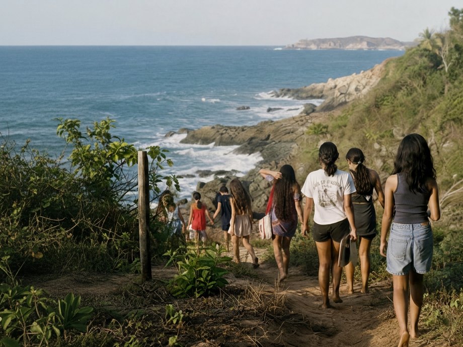 Jóvenes caminando por un sendero junto al mar en la costa de Oaxaca