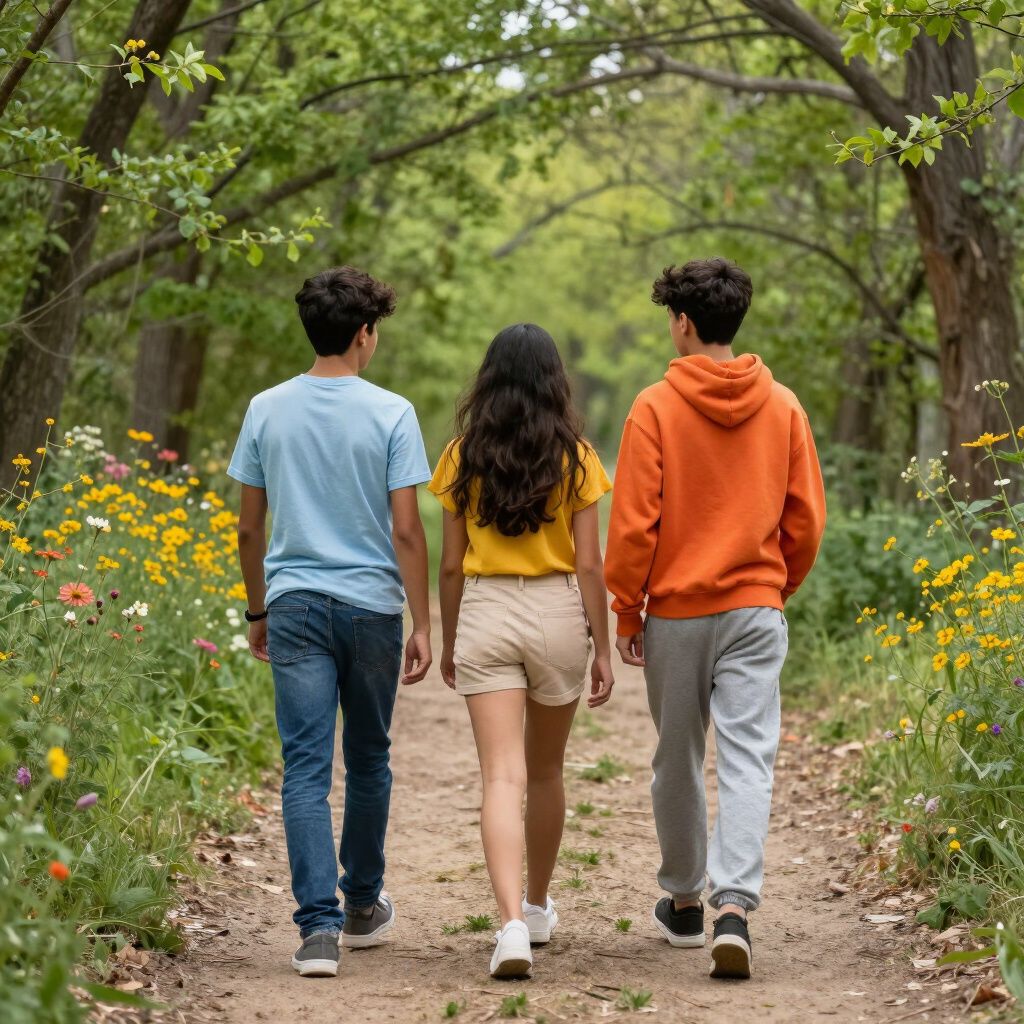 Tres jóvenes caminando por un sendero entre flores silvestres